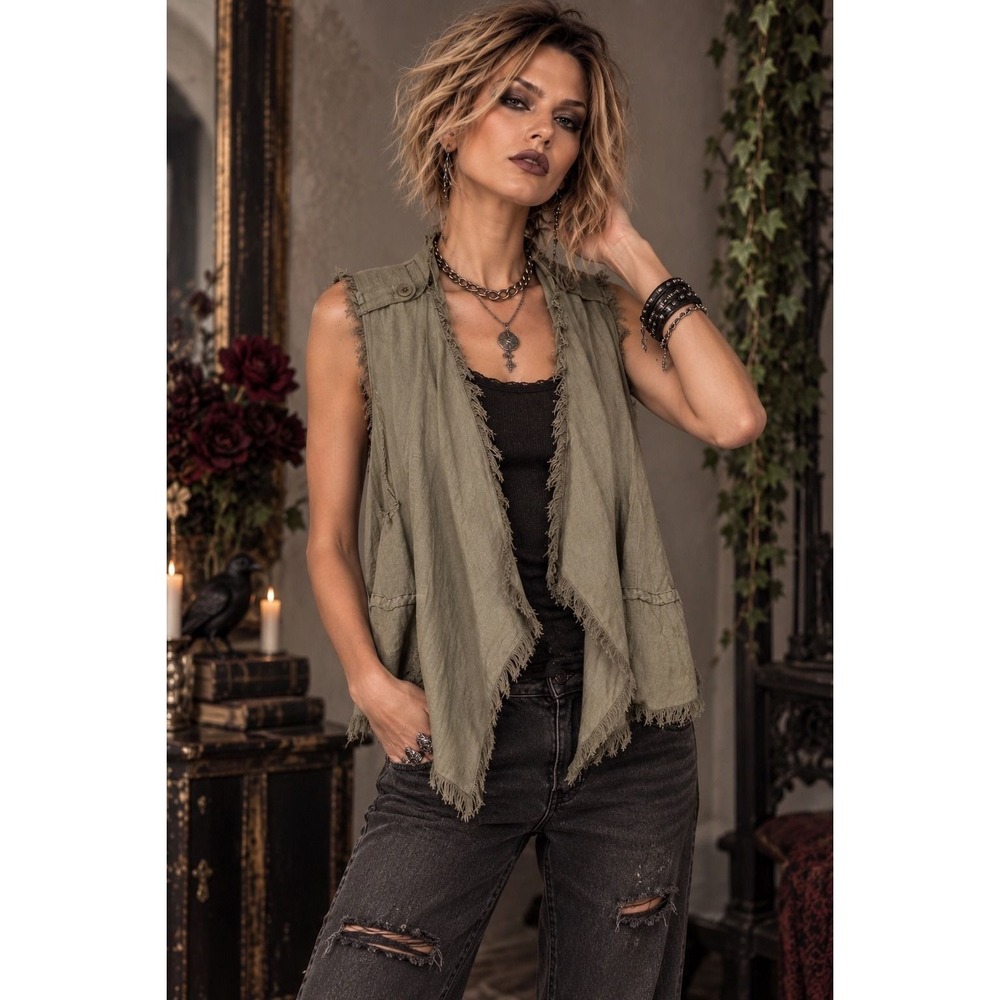 Umgee USA Olive Green Frayed Open Front Drape Vest Size Medium